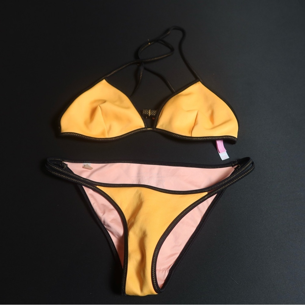Women’s Yellow Contrast-Trim Bikini Set Victoria Secret Top is Medium Bottom XS